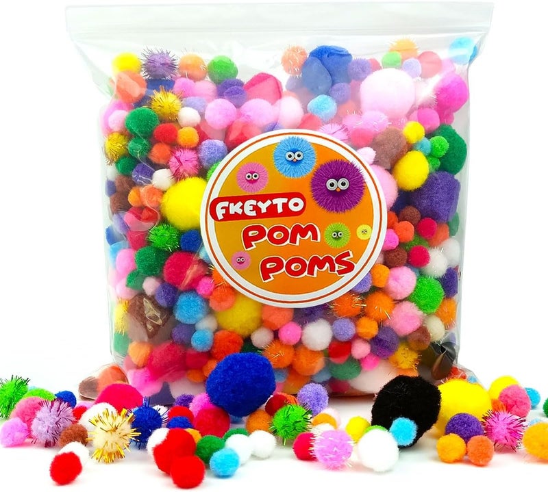 FKEYTO 500 PCS Pompoms for Crafts,Pom Poms in Bright & Bold Assorted Colors,Pompoms for Arts and Craft Making Decorations，Assorted Sizes - Image 1